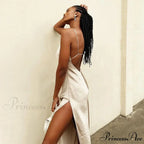 Satin Spaghetti Strap Summer Split V-neck Elegant Sleeveless Backless Club Party Outfits Sexy