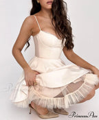 Satin Tulle Frill Charming Strap Mini Dress