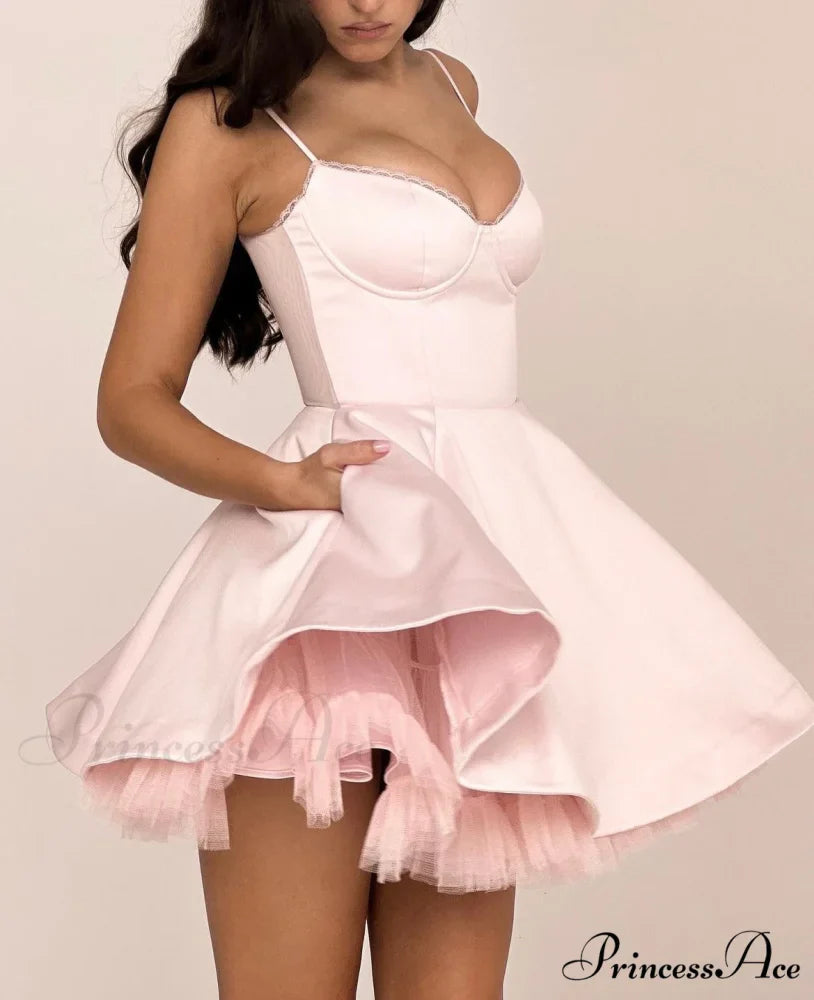 Satin Tulle Frill Charming Strap Mini Dress