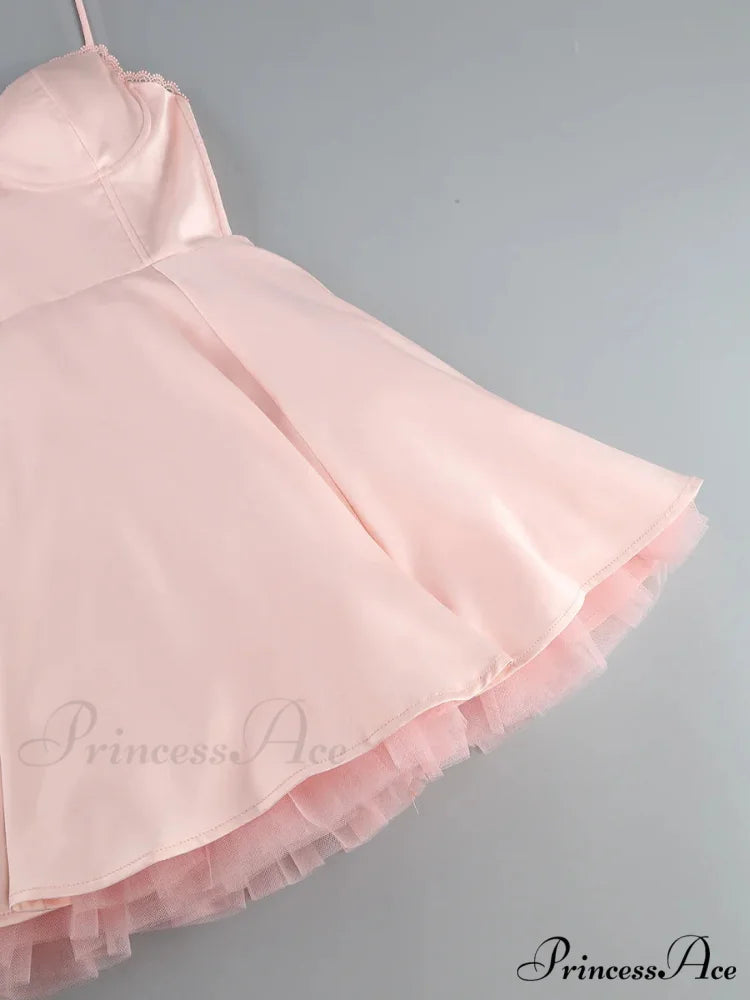 Satin Tulle Frill Charming Strap Mini Dress