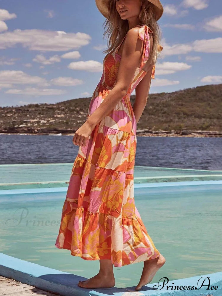 Sea Charm Sleeveless Pleated Graceful Stretch Chest Print Cami Dress