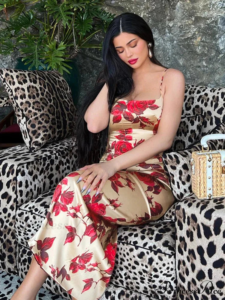 Seductive 2000s Floral Pattern Open-Back Body-Hugging Midi Dress