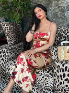 Seductive 2000s Floral Pattern Open-Back Body-Hugging Midi Dress