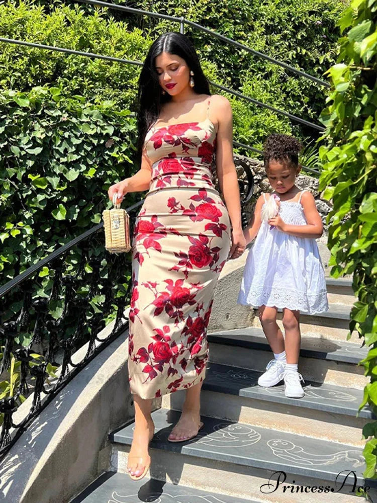 Seductive 2000s Floral Pattern Open-Back Body-Hugging Midi Dress