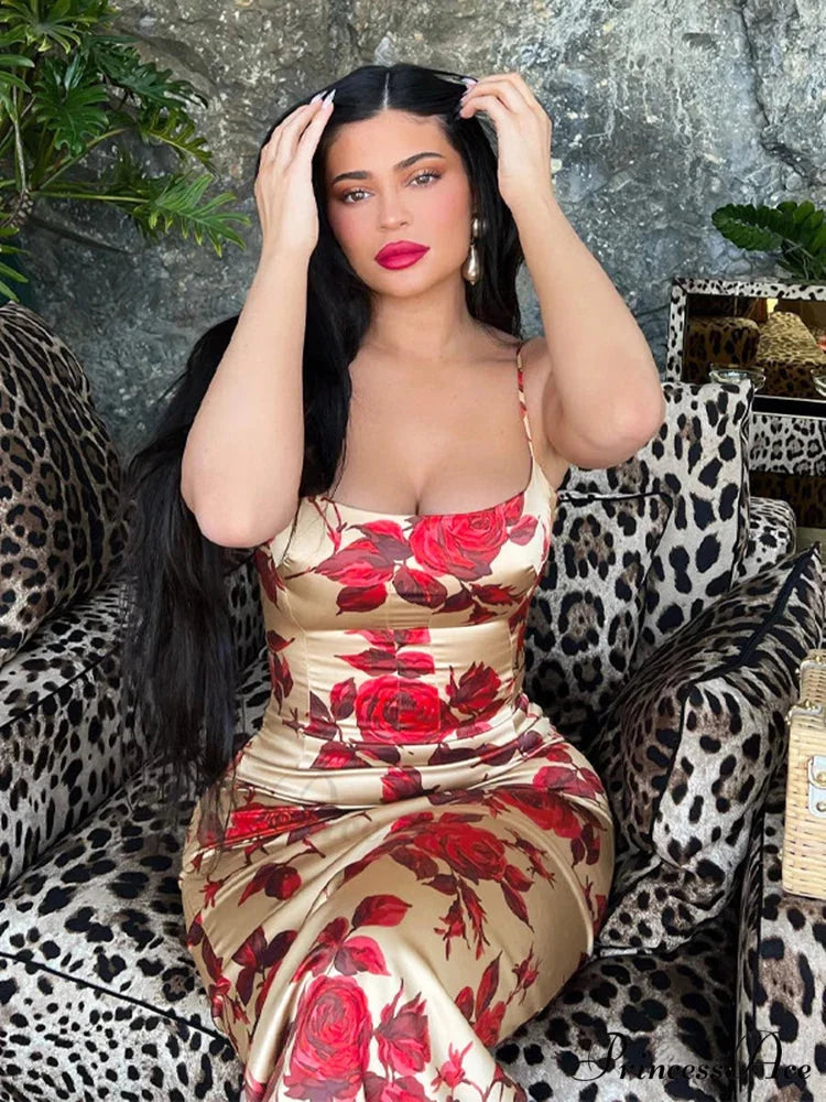 Seductive 2000s Floral Pattern Open-Back Body-Hugging Midi Dress