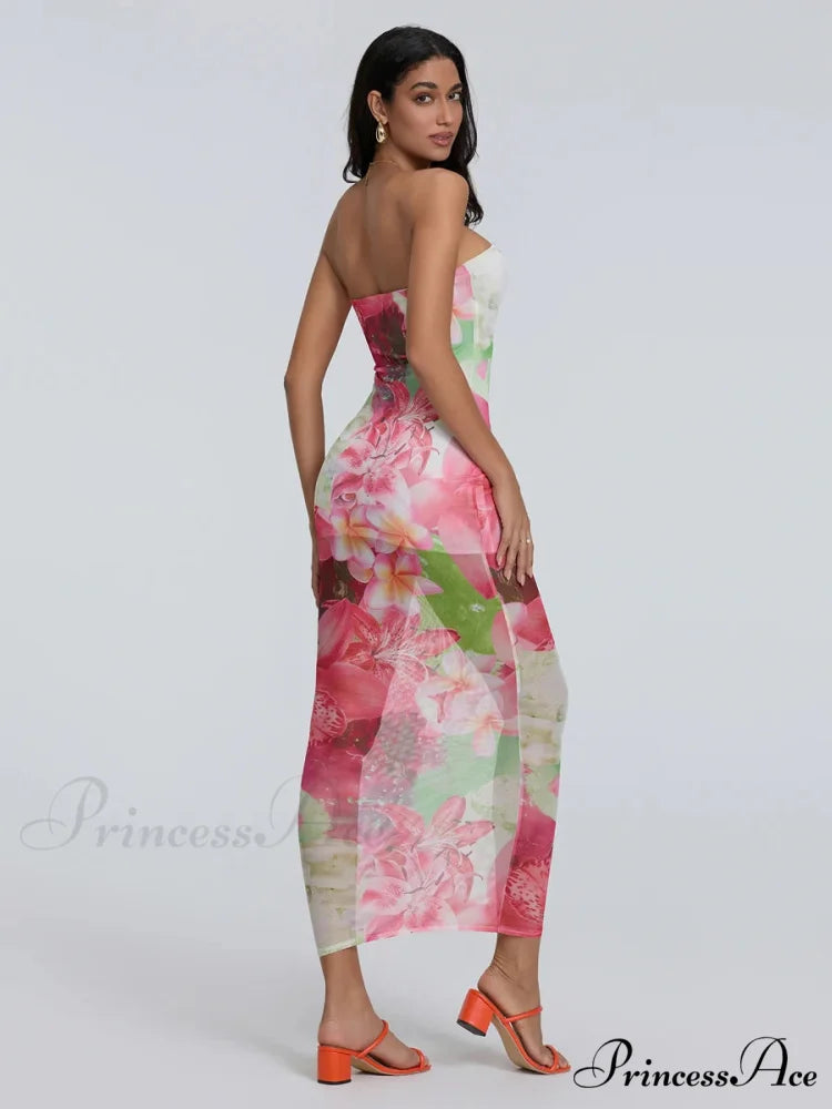 Seductive Bandeau Bodycon Off-The-Shoulder Open-Back Sheath Floral Night Gown