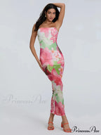 Seductive Bandeau Bodycon Off-The-Shoulder Open-Back Sheath Floral Night Gown