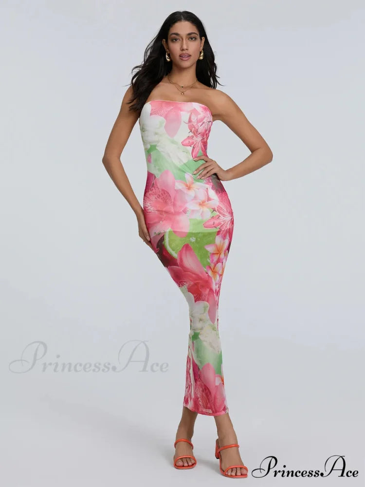 Seductive Bandeau Bodycon Off-The-Shoulder Open-Back Sheath Floral Night Gown