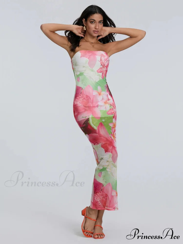 Seductive Bandeau Bodycon Off-The-Shoulder Open-Back Sheath Floral Night Gown