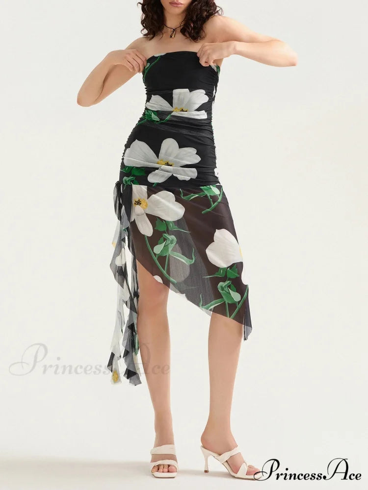 Seductive Bandeau Frill Fringe Mini Floral Dress