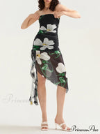 Seductive Bandeau Frill Fringe Mini Floral Dress