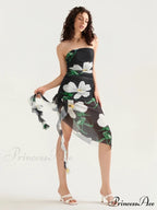 Seductive Bandeau Frill Fringe Mini Floral Dress
