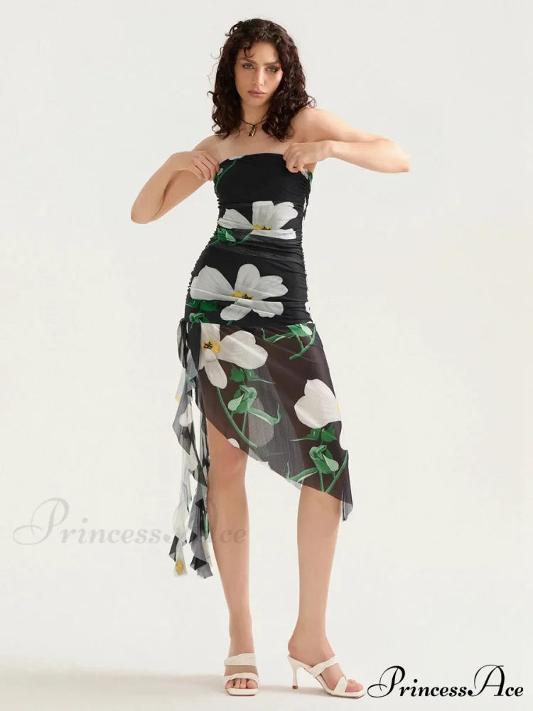 Seductive Bandeau Frill Fringe Mini Floral Dress