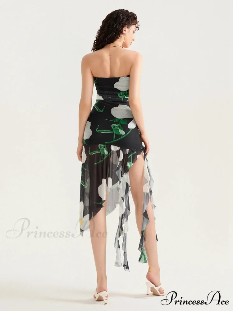 Seductive Bandeau Frill Fringe Mini Floral Dress