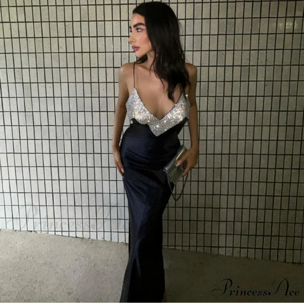 Seductive Deep-Neckline Crystal Bandage Gown Formal Dress