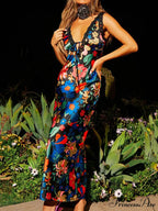 Seductive Deep Plunge Lace Patchwork Slip Floral Dress