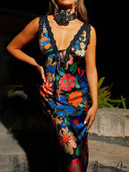 Seductive Deep Plunge Lace Patchwork Slip Floral Dress