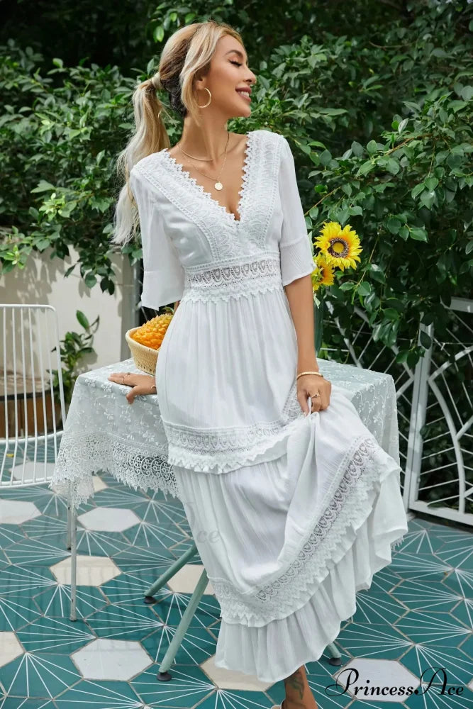 Seductive Deep Plunge Open-back Cotton Lace Dress