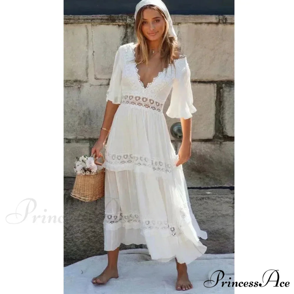 Seductive Deep Plunge Open-back Cotton Lace Dress