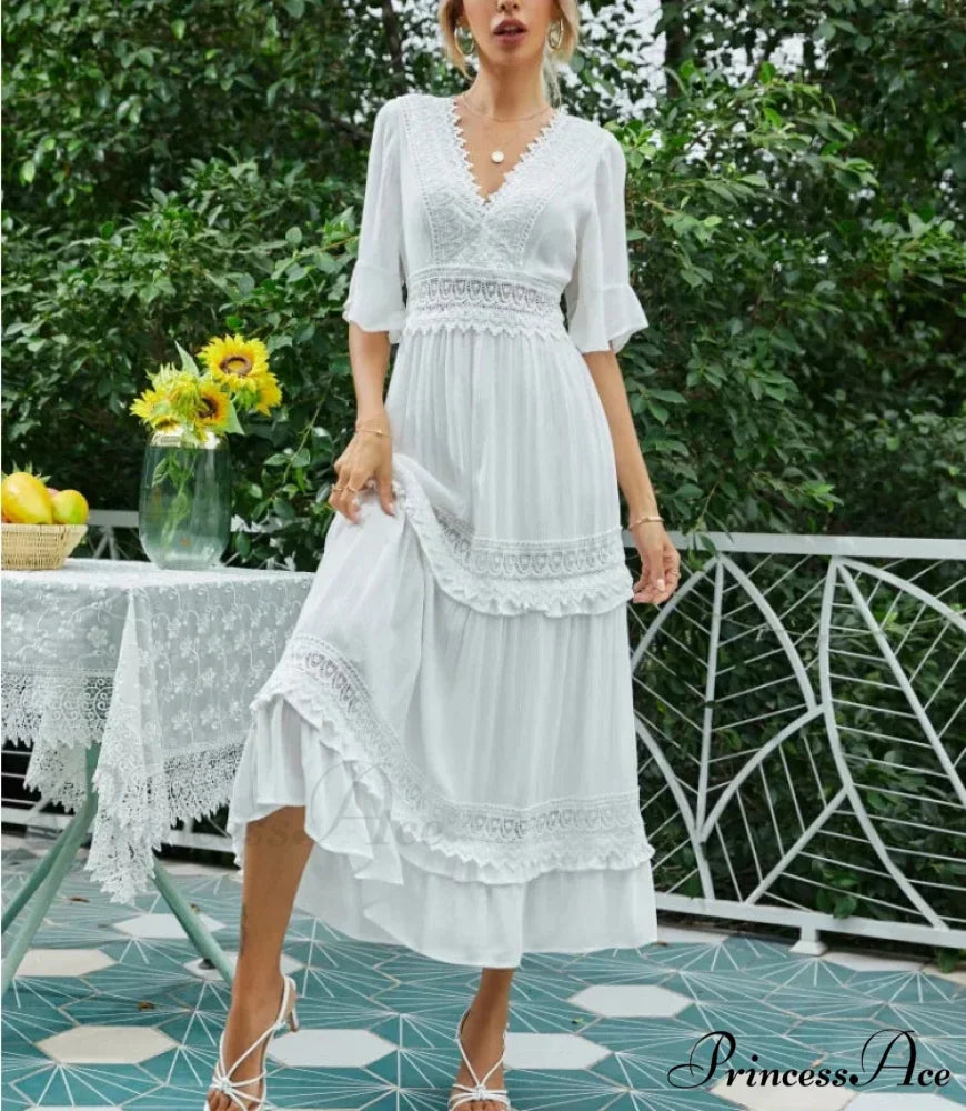 Seductive Deep Plunge Open-back Cotton Lace Dress