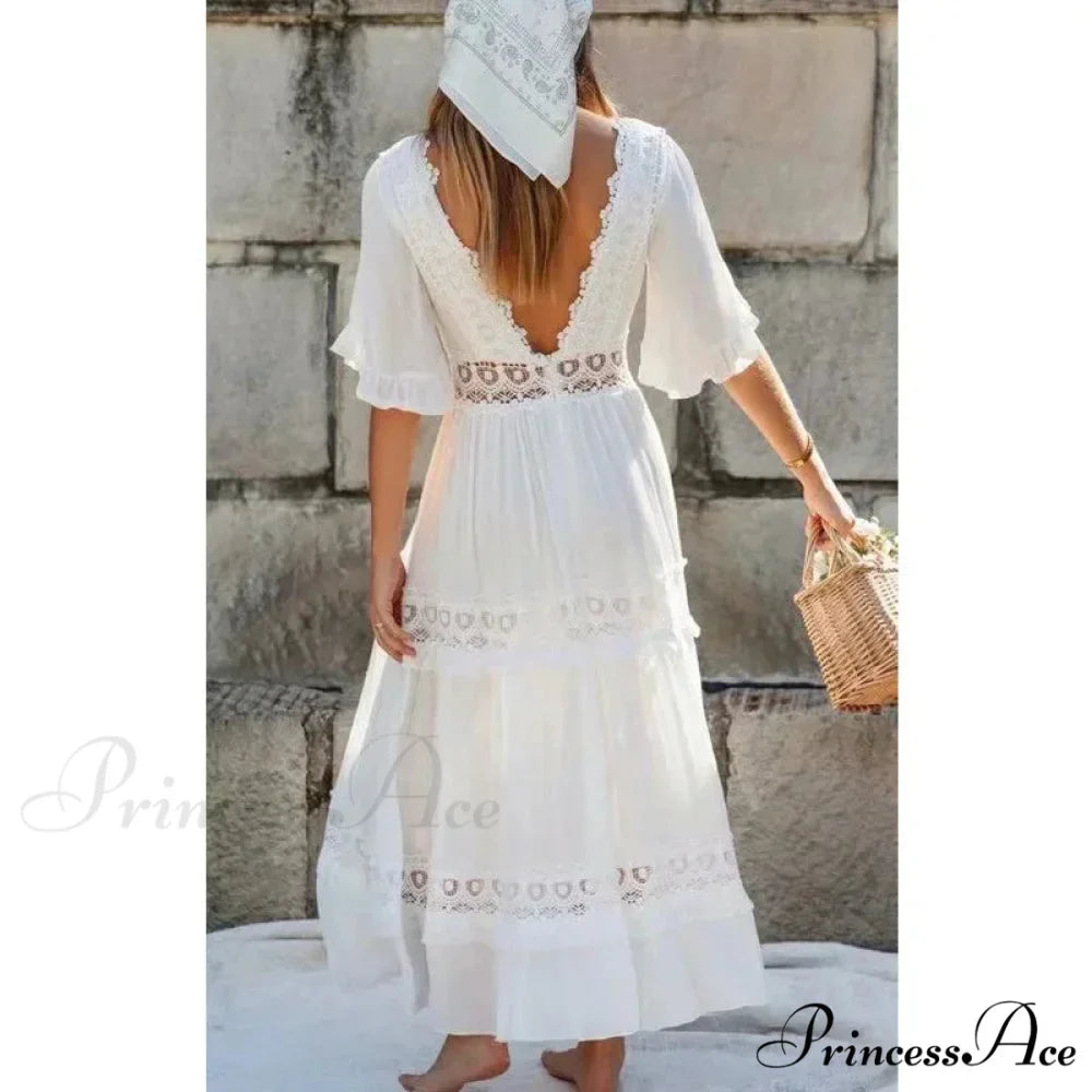 Seductive Deep Plunge Open-back Cotton Lace Dress