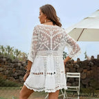 Seductive Deep Plunge White Lace Dress Women Cover-up Kimono Boho Beach Attire