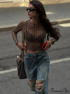 Seductive Extended Sleeve Cheetah Patterned Mesh Body-Hugging Knit Top