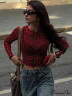 Seductive Extended Sleeve Cheetah Patterned Mesh Body-Hugging Knit Top