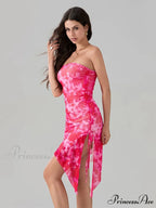 Seductive Flower Pattern Bandeau Uneven Flower Dress