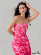 Seductive Flower Pattern Bandeau Uneven Flower Dress