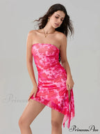 Seductive Flower Pattern Bandeau Uneven Flower Dress