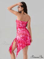 Seductive Flower Pattern Bandeau Uneven Flower Dress