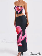 Seductive Flower Pattern Tube Top Flexible Waist Bodycon Skirt Set