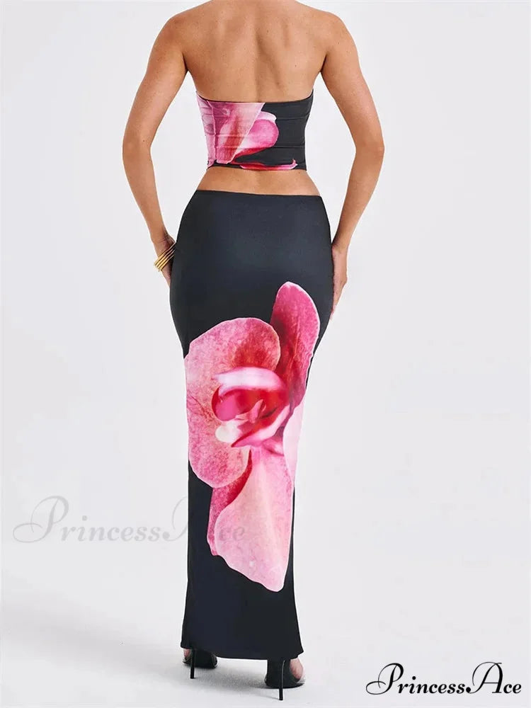 Seductive Flower Pattern Tube Top Flexible Waist Bodycon Skirt Set