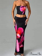 Seductive Flower Pattern Tube Top Flexible Waist Bodycon Skirt Set