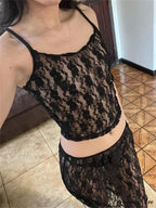 Seductive Flowered Lace Strap Tank Camis Crop Top with Sheer Long Skirt Set