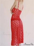 Seductive Flowered Lace Strap Tank Camis Crop Top with Sheer Long Skirt Set