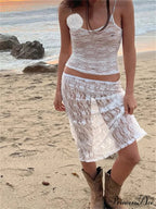 Seductive Flowered Lace Strap Tank Camis Crop Top with Sheer Long Skirt Set
