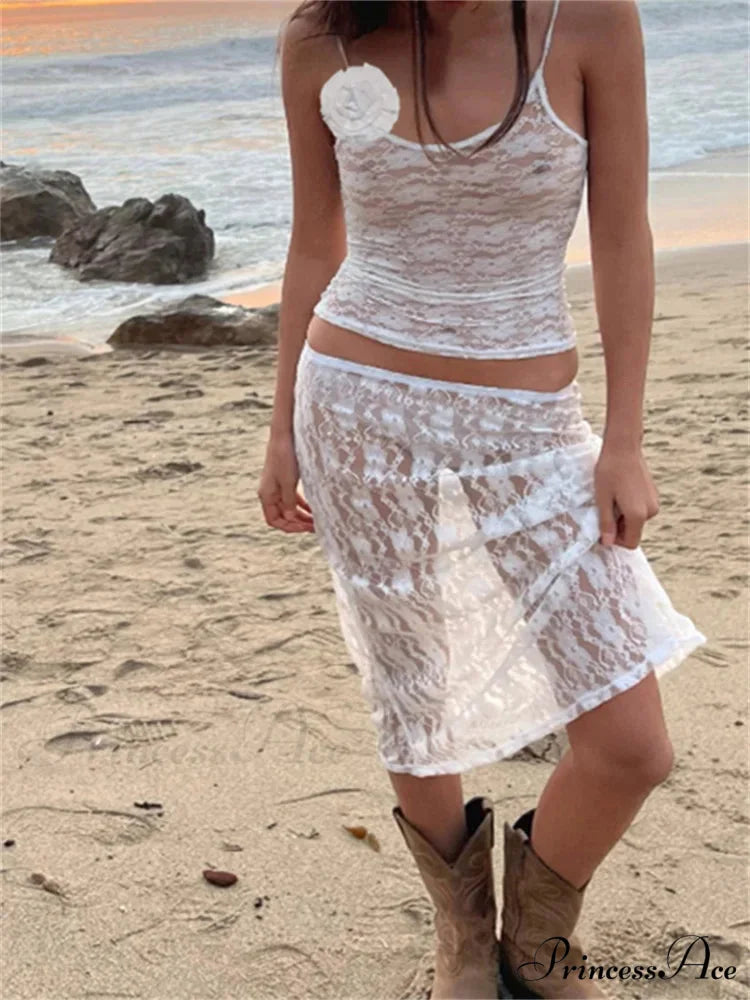 Seductive Flowered Lace Strap Tank Camis Crop Top with Sheer Long Skirt Set