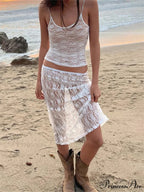 Seductive Flowered Lace Strap Tank Camis Crop Top with Sheer Long Skirt Set