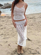 Seductive Flowered Lace Strap Tank Camis Crop Top with Sheer Long Skirt Set