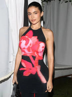 Seductive Halter Open-Back Blossom Pattern Body-Hugging Floral Dress