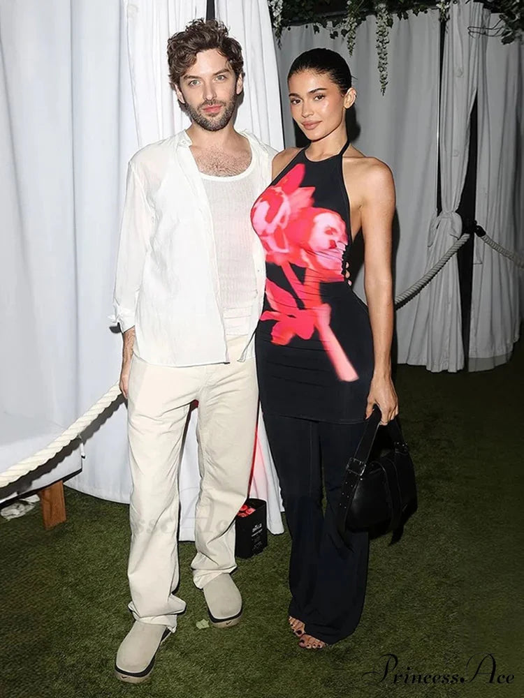 Seductive Halter Open-Back Blossom Pattern Body-Hugging Floral Dress