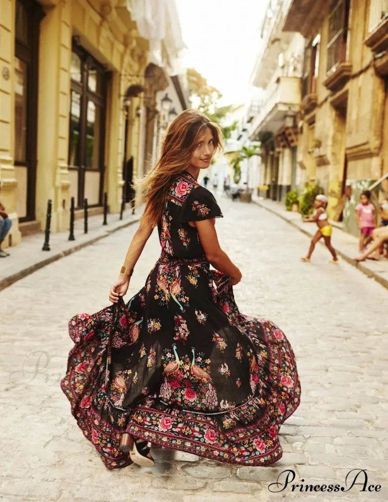 Seductive High Division Flare Sleeve Pattern Rayon Maxi Boho Dress