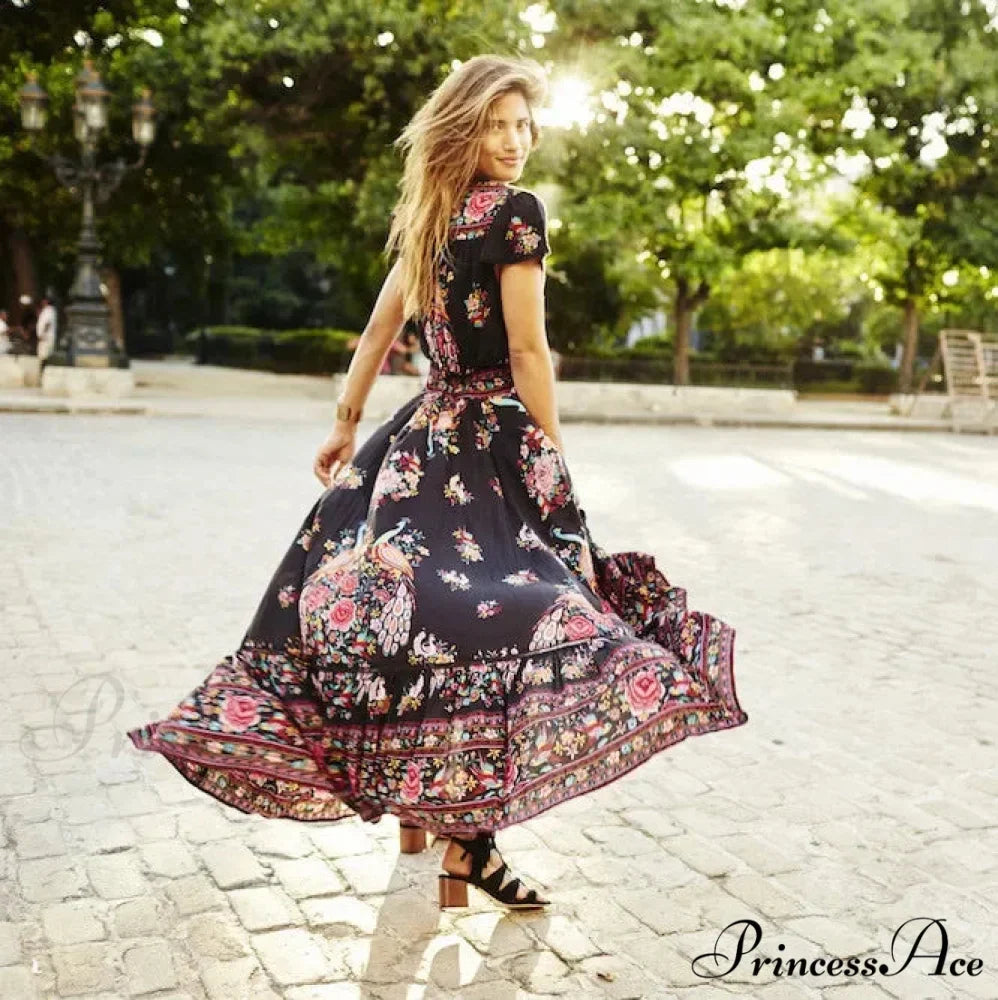 Seductive High Division Flare Sleeve Pattern Rayon Maxi Boho Dress