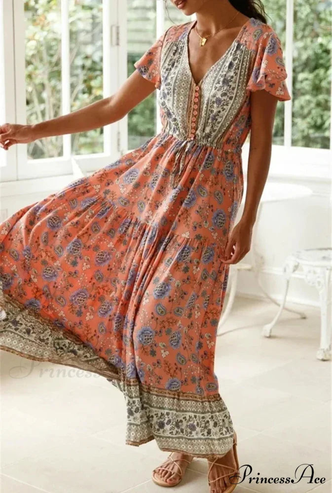 Seductive High Division Flare Sleeve Rayon Cotton Boho Dress