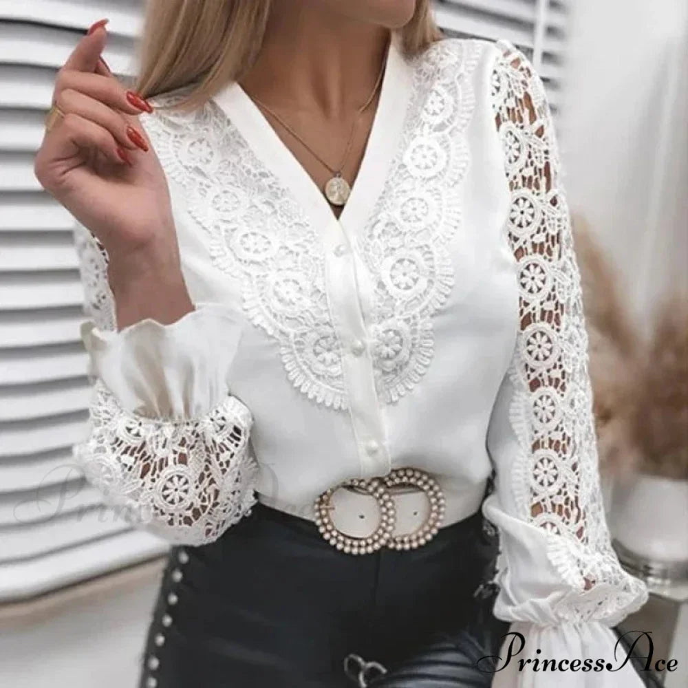 Seductive Hollow Lace Patchwork Extended Sleeve Blouse