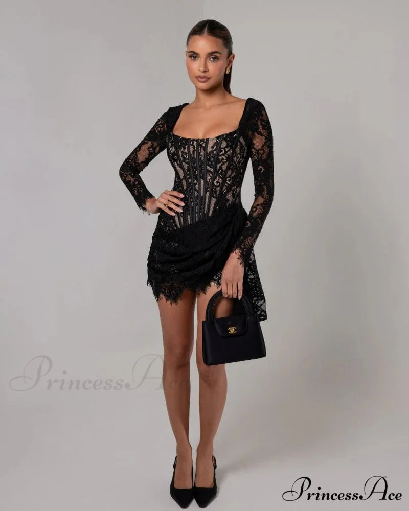 Seductive Lace Mesh Corset Mini Prom Dress