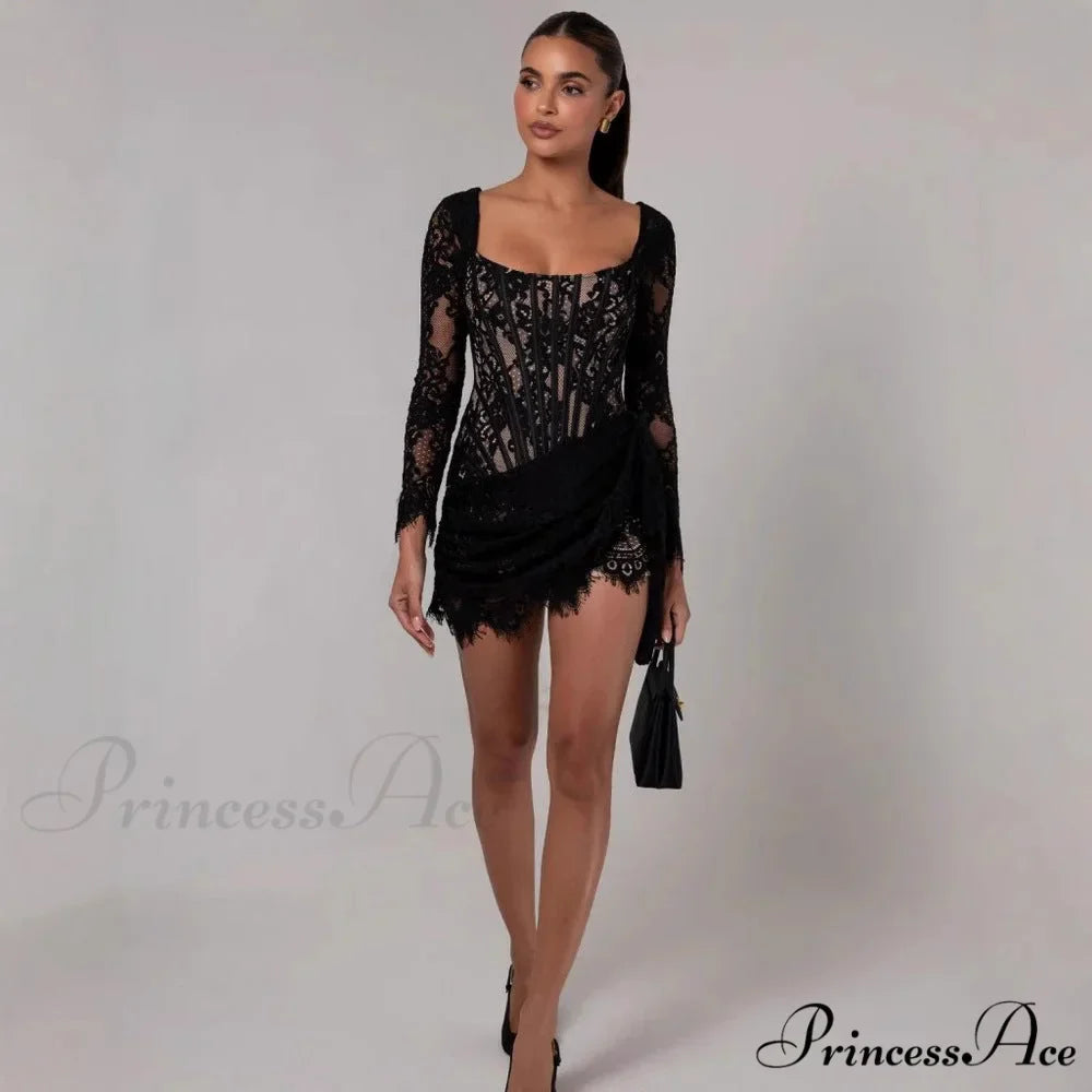 Seductive Lace Mesh Corset Mini Prom Dress