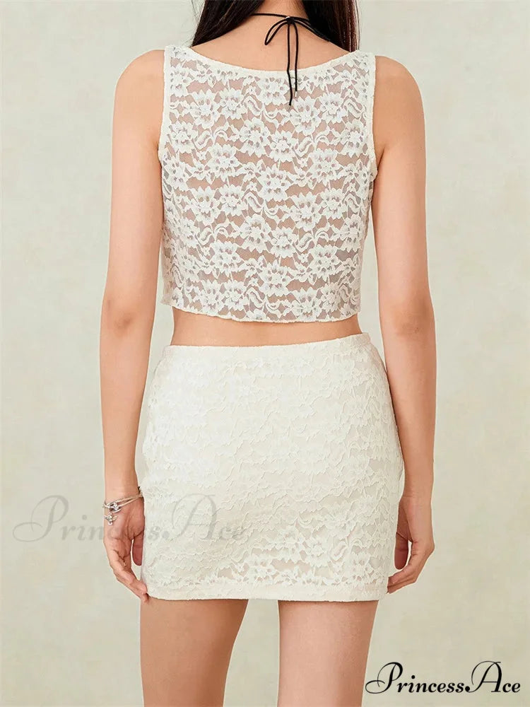 Seductive Lace Sleeveless Tank Crop Top with Brief Mini Skirt Set
